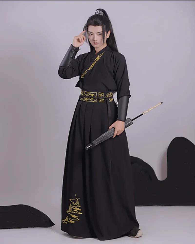 Hanfu الرجال الصينية التقليدية تأثيري حلي القديمة Hanfu مجموعات الذكور هالوين كوس زي Hanfu الأسود 3 قطعة مجموعات حجم كبير 2XL