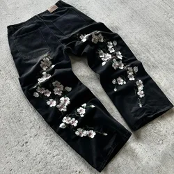 Y2K Baggy Jeans Harajuku Vintage Kirschblüte Stickerei hochwertige Jeans Streetwear Hip Hop Gothic Männer Frauen Jeans mit weitem Bein