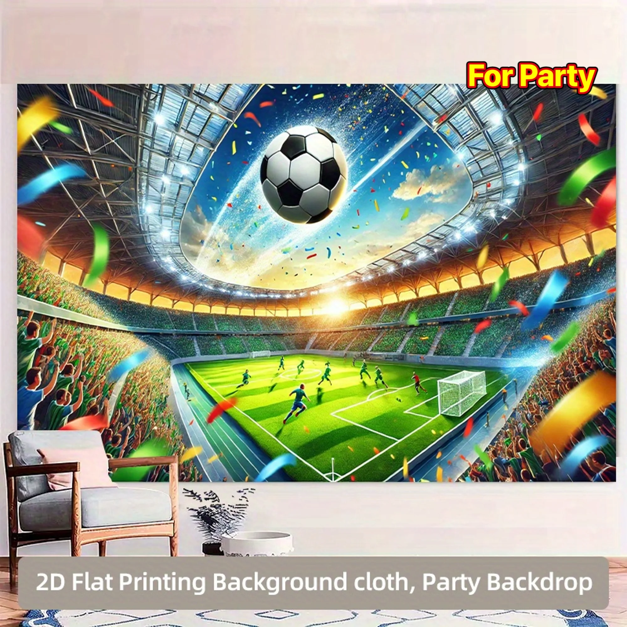 Epic Soccer Game Tapestry, Bright Stadium with Floating Football and Colorful Confetti Print Wall Hanging for Game Night Decor