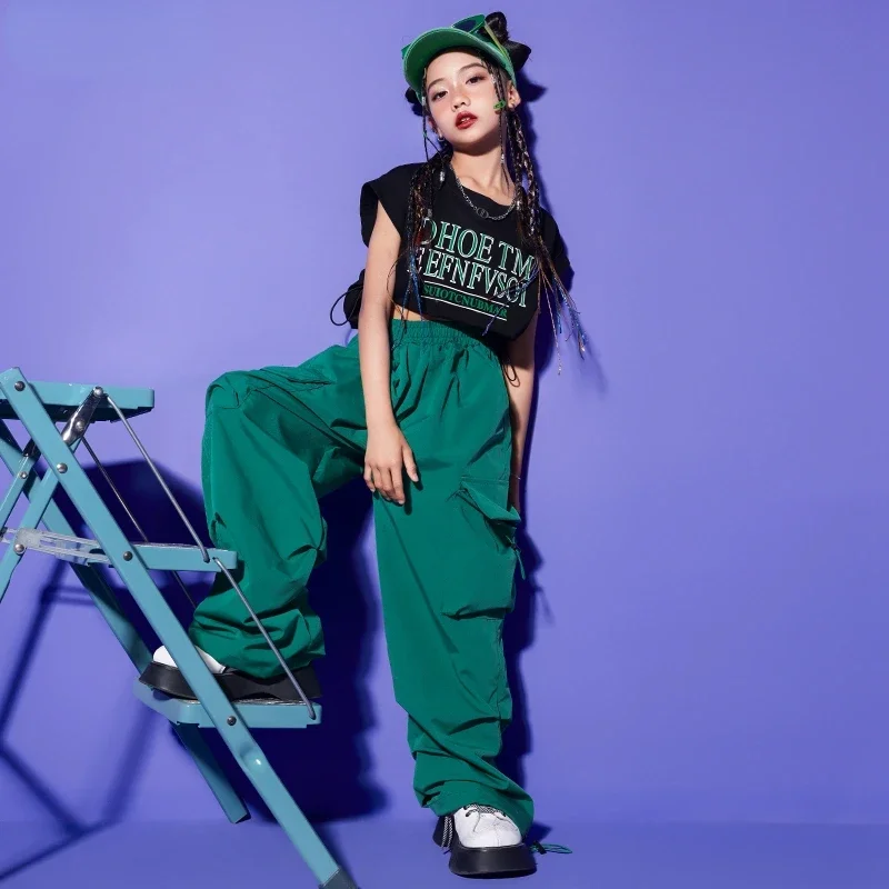 

Jazz Dance Costume for Girls New Hip Hop Clothes Short Sleeves Shirts Loose Cargo Pants Group Stage Performance Catwalk Costume