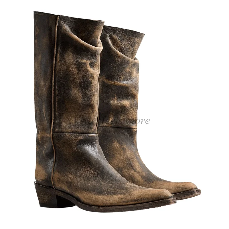 Vintage Leather Chunky Heel Mid Calf Boots Women's Brown/Black Big Size Pointy Toe Western Boot Pull on Designer Soft Shoes