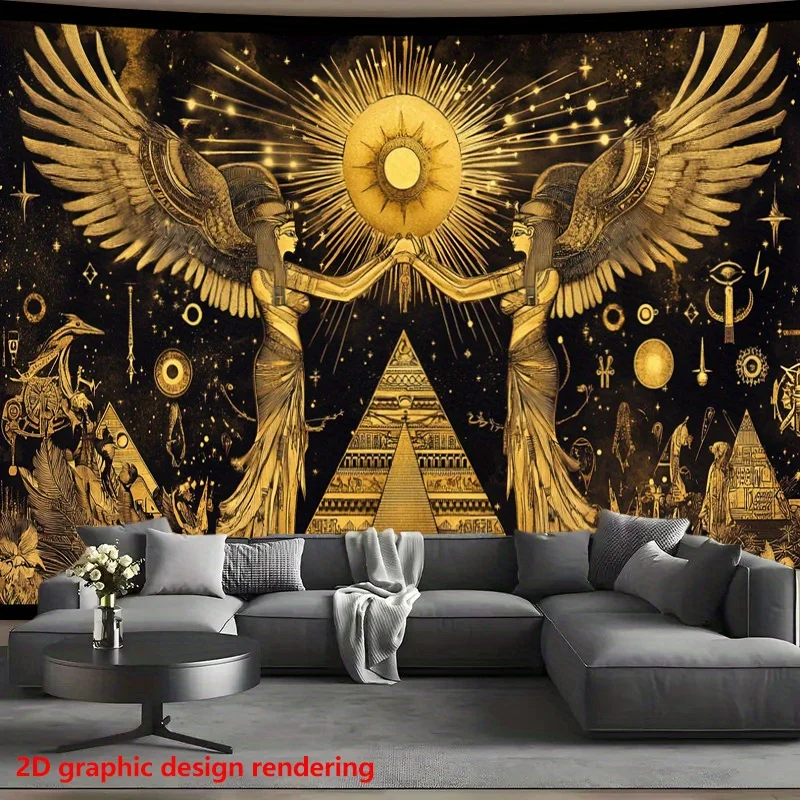 VIKAMA Black Gold Ancient Egyptian Goddess Tapestry Retro Pyramid and Sun God Totem Mysterious Living Room Decoration