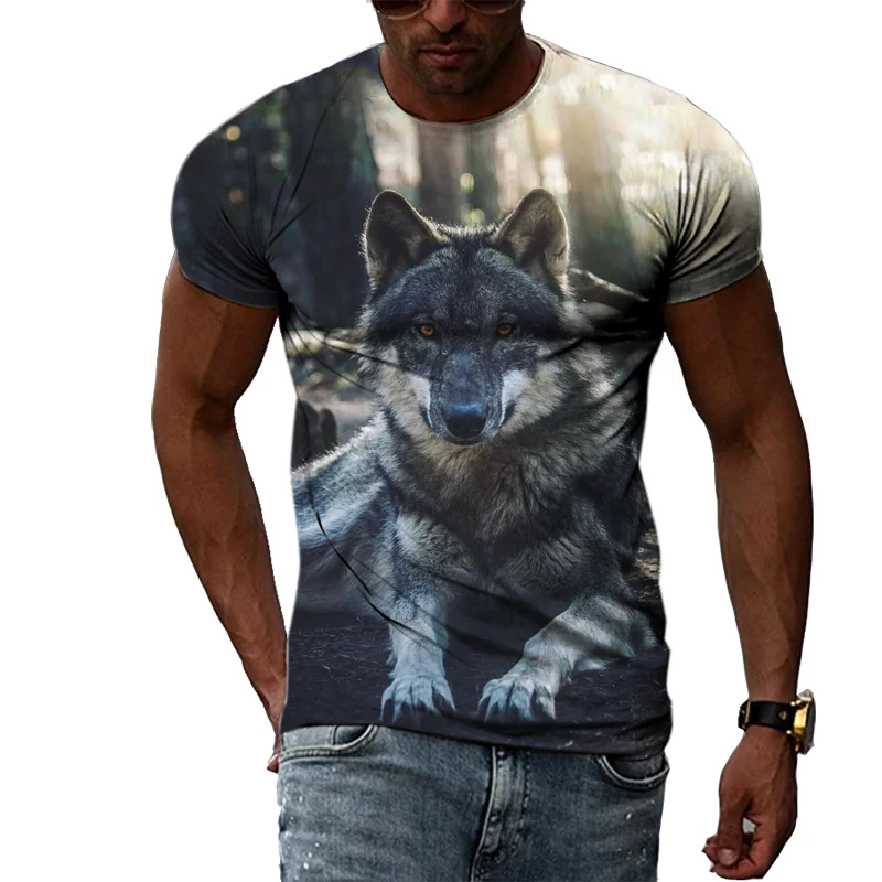 Summer Men\'s Fashion Personality T-shirt 3D Printing Ferocious Wolf Animal World Trend Street Style Round Neck Short-sleeved Top