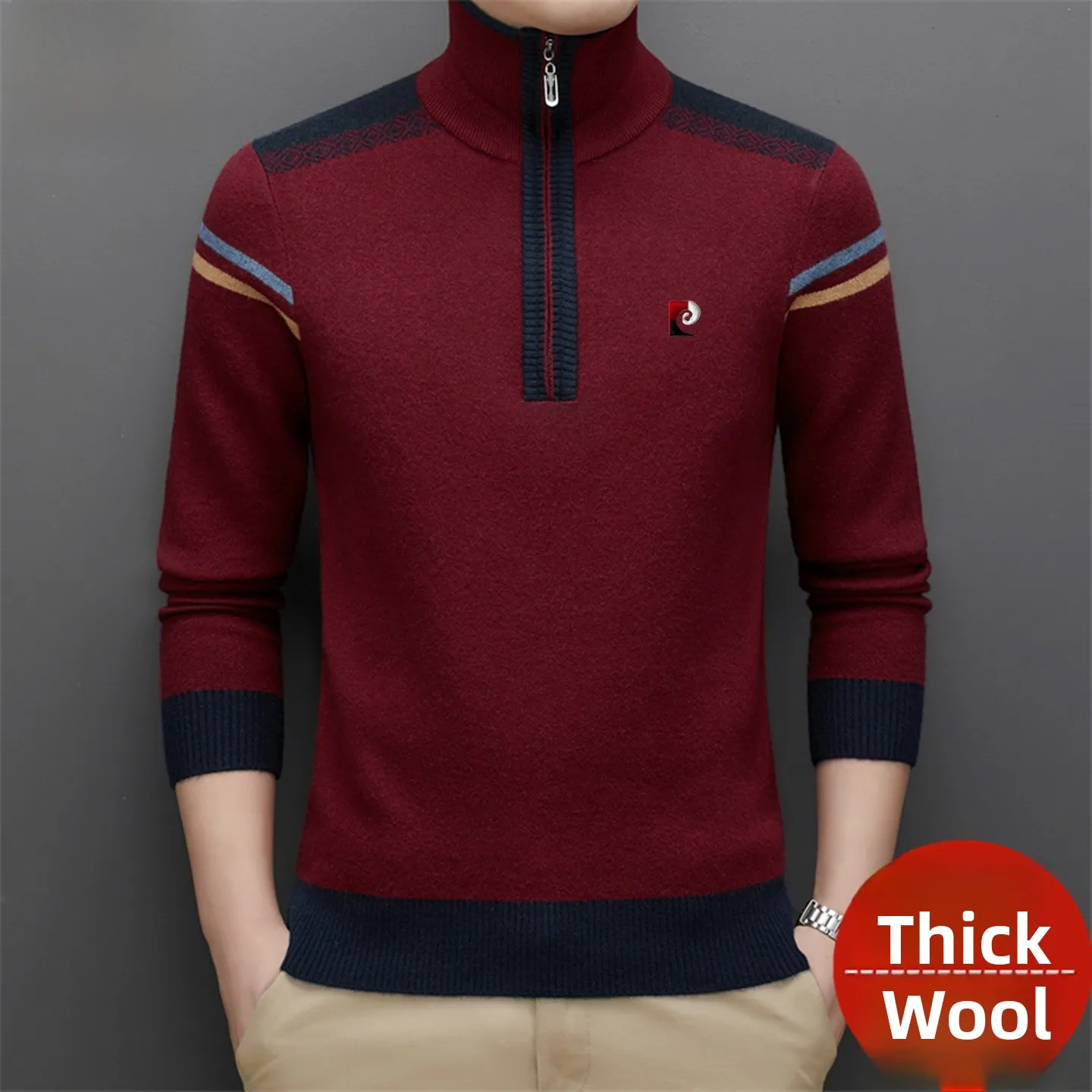 

Мужской шерстяной свитер Pierre Cardin с высоким воротником на молнии, теплый, с открытым воротом, зимний, модный, повседневный, вязаный свитер