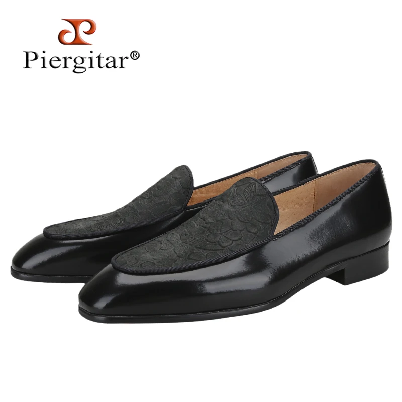 Piergitar Flower Pattern Embossed Leather Patchwork Black Calfskin Men's Loafers Handmade Slip-On Slippers Red Color Bottom