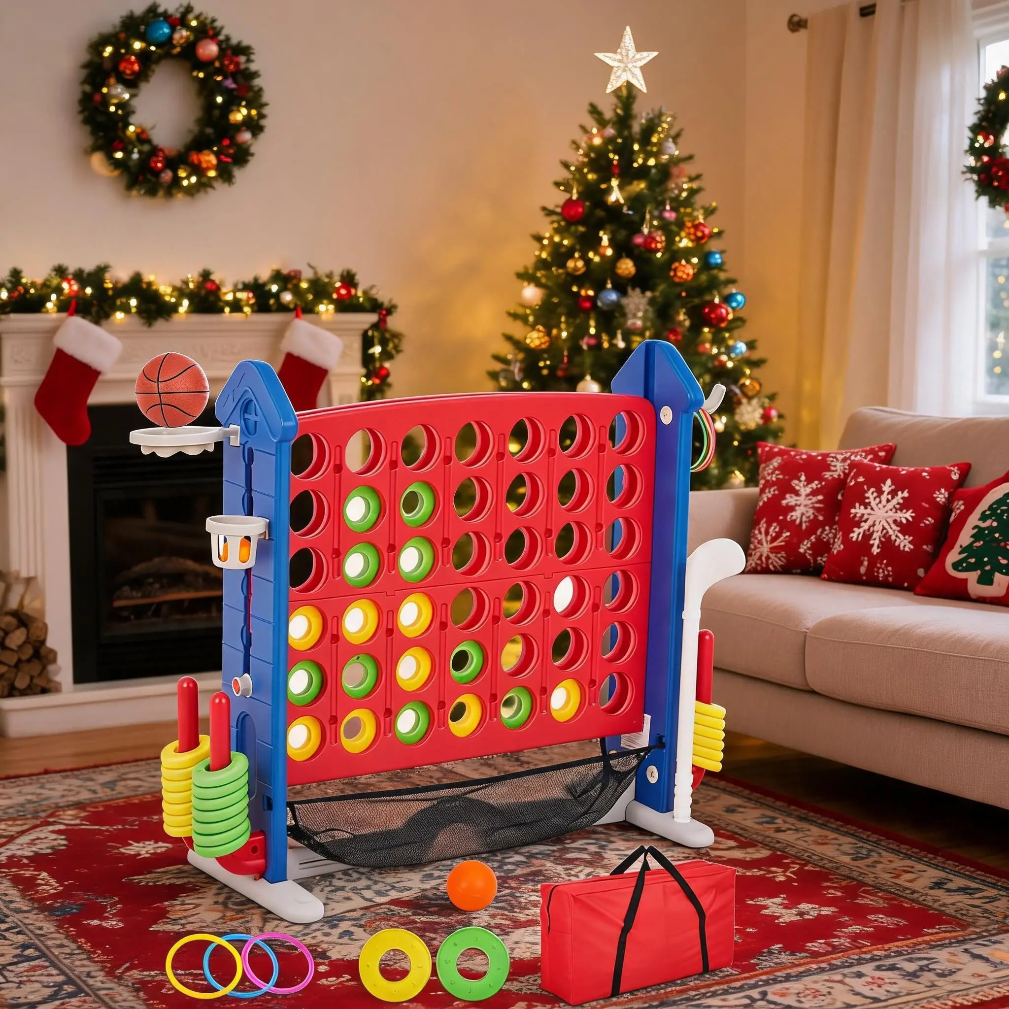 3.5ft Giant 4-in-a-Row Floor Game Set, 4-in-1 Jumbo Connect Game with 3-Level Height Adjustable Stand, Includes Golf, Basketball & Ring Toss, Portable Carry Bag for Indoor & Outdoor