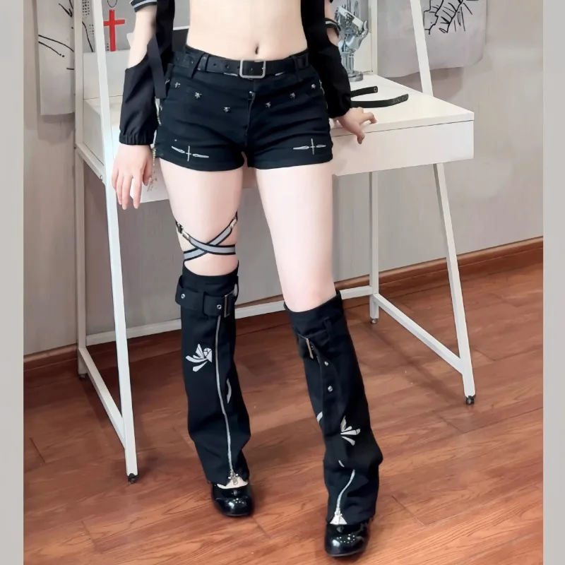 New Subculture Zipper Punk Function Style Leg Warmers Reflective Skinny Soft Girls Y2K Denim Legs Ring Waist Chain Foot Warmers