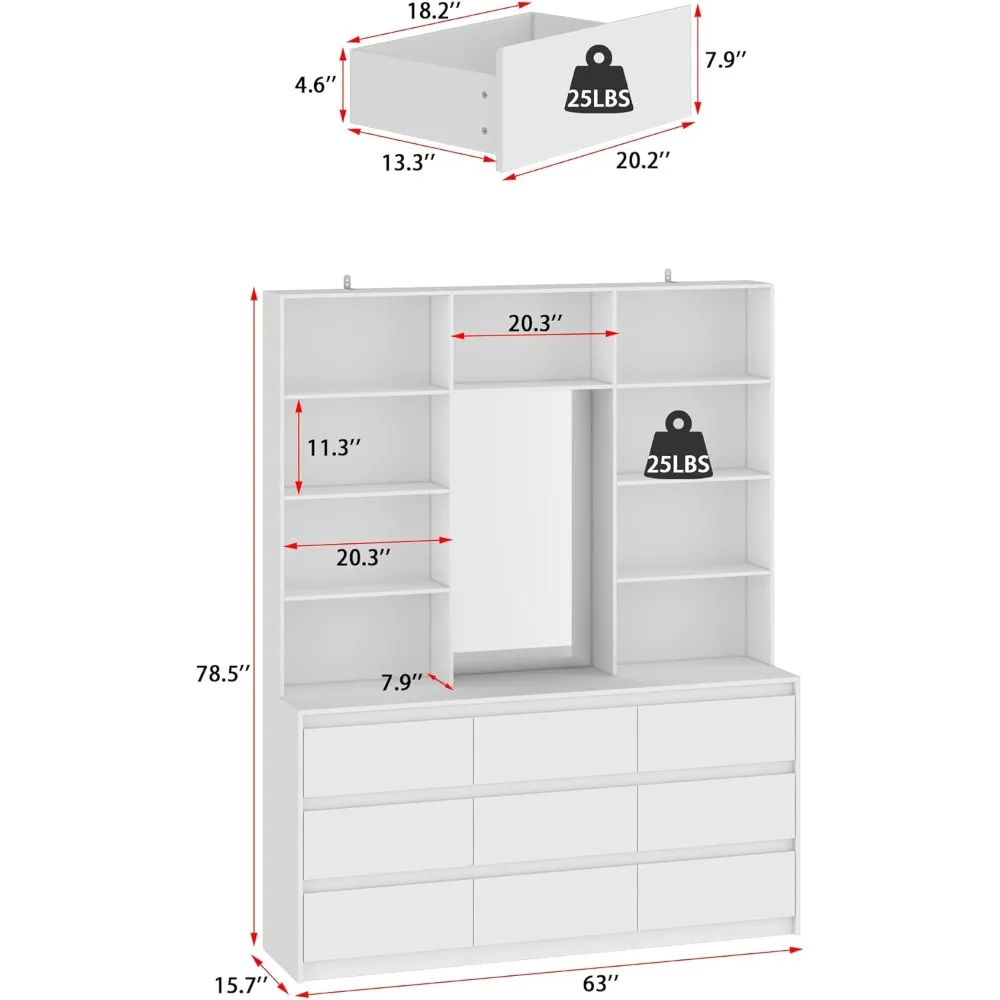 3-in-1 Display Cabinet with Dresser Displays Cabinet with 9 Drawers & 10 Open Shelves, Display Cabinets