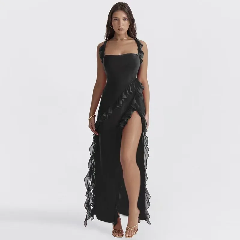 Cocktailkleider 2024, neu, modisch und sexy, kaskadierendes Rüschen-Spleißkleid, hoch geschlitztes Ballkleid, elegante Abendparty