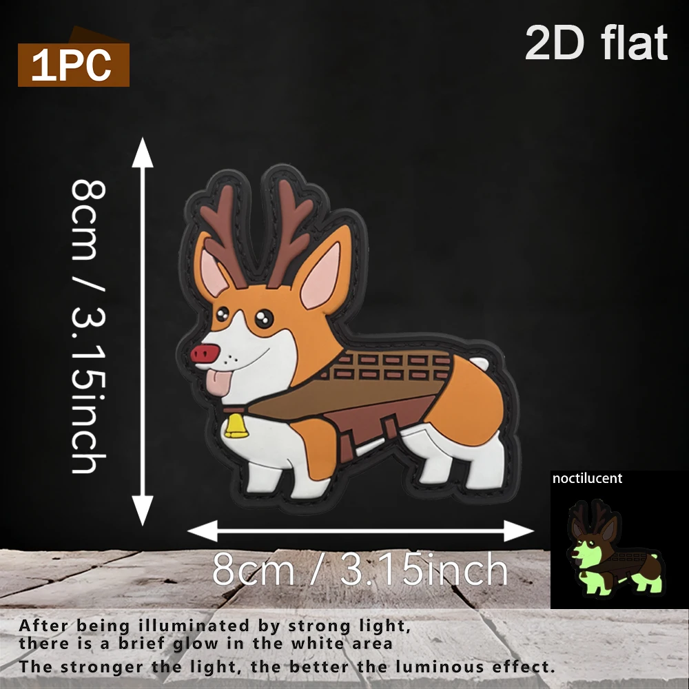 Specifications Available: 1Pc/2Pcs/3Pcs 2D Flat Christmas Reindeer Antlers Corgi Pvc Rubber Velcro Patch with Glow-In-The-Dark Effect, Featuring Magic Adhesive Backing, No 3D Raised Edges, Black Border, Dense Stitching, Durable, Waterproof, Scratch-Resistant, Non-Fading, Suitable for Tactical Vests, Backpacks, Holiday-Themed Decorations, and Patches