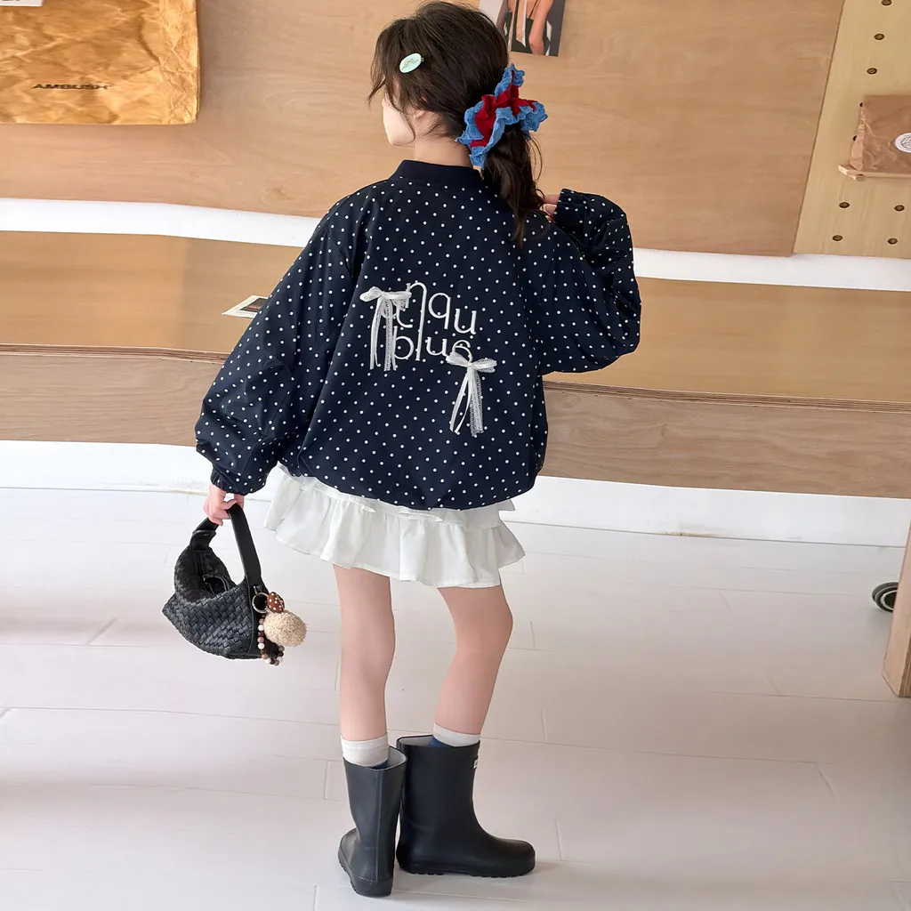 Girls Jacket Autumn Polka Dot Print Lace Bow Zip Up Children Coat