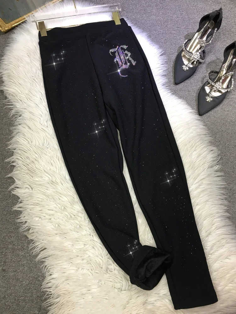 Nieuwe Warme Fleece Gevoerde Dikke Leggings Diamanten Boren Hoge Taille Show Dunne Zwarte Strakke Broek Herfst Winter Taps Getaped Broek Vrouwen