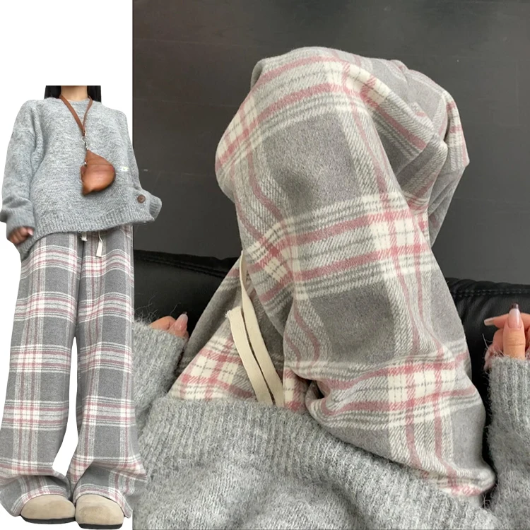 กางเกงขายาวทรงหลวมสไตล์เรโทรสำหรับผู้หญิง ฤดูใบไม้ร่วง ฤดูหนาว ผ้าวูลลายสก็อต ทรงหลวมสบายๆ เอวสูง ทรงตรง