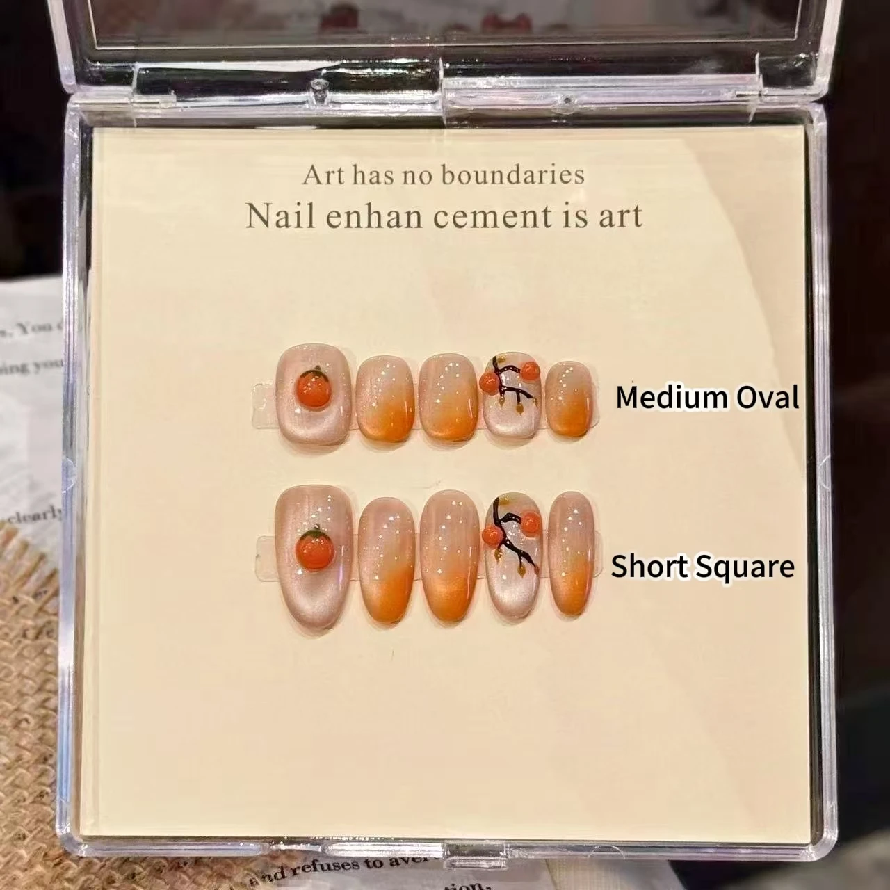

10PCS Luxury Handmade Press On Nails Persimmon Design Medium Oval Short Square Cat Eye Hand Painted Ins Style With 4-PIECE Tools