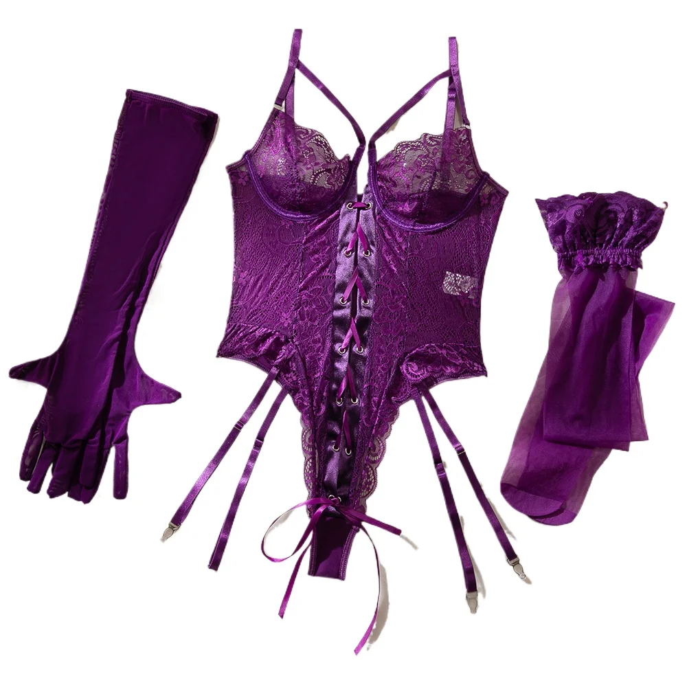 

3 Piece Sets Womens Lingerie Set Sexy Lace Bodysuit Garter Teddy Lingerie Deep V Bandage Bodysuit And Thigh High Stocking Sets