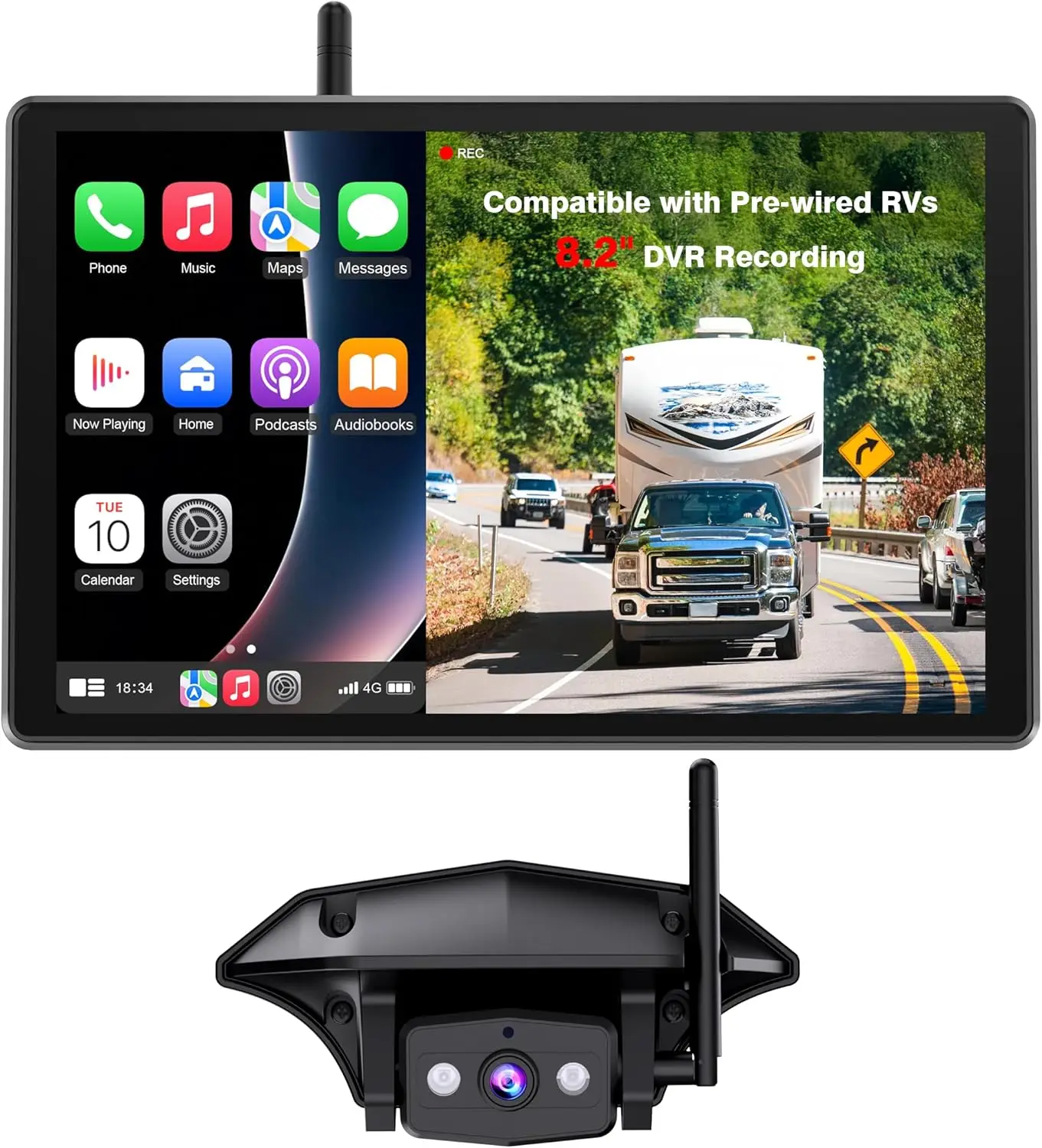 8.2'' RV Backup Camera Wireless: Compatible with Pre-Wired RV, 1080P HD Monitor with CarPlay, Voice Control, IR Night Vision