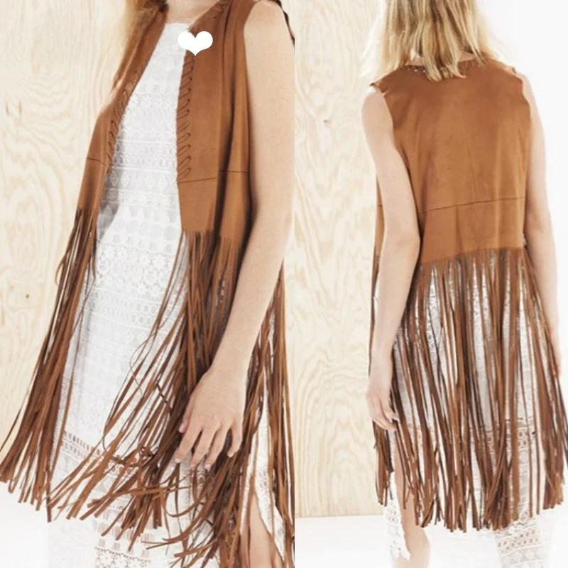 Findit Bohemian Tassel Decorated Suede Vest Women's Fashionable Street Style Multi-Color Multi-Design Suede Vest Top