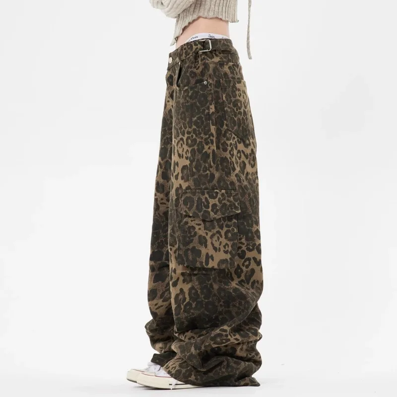 ARTIE | 2024 New Baggy Cargo Jeans Woman American Street Style Wide Leg Jeans Women Leopard Print Straight Tube Pants Y2k Women