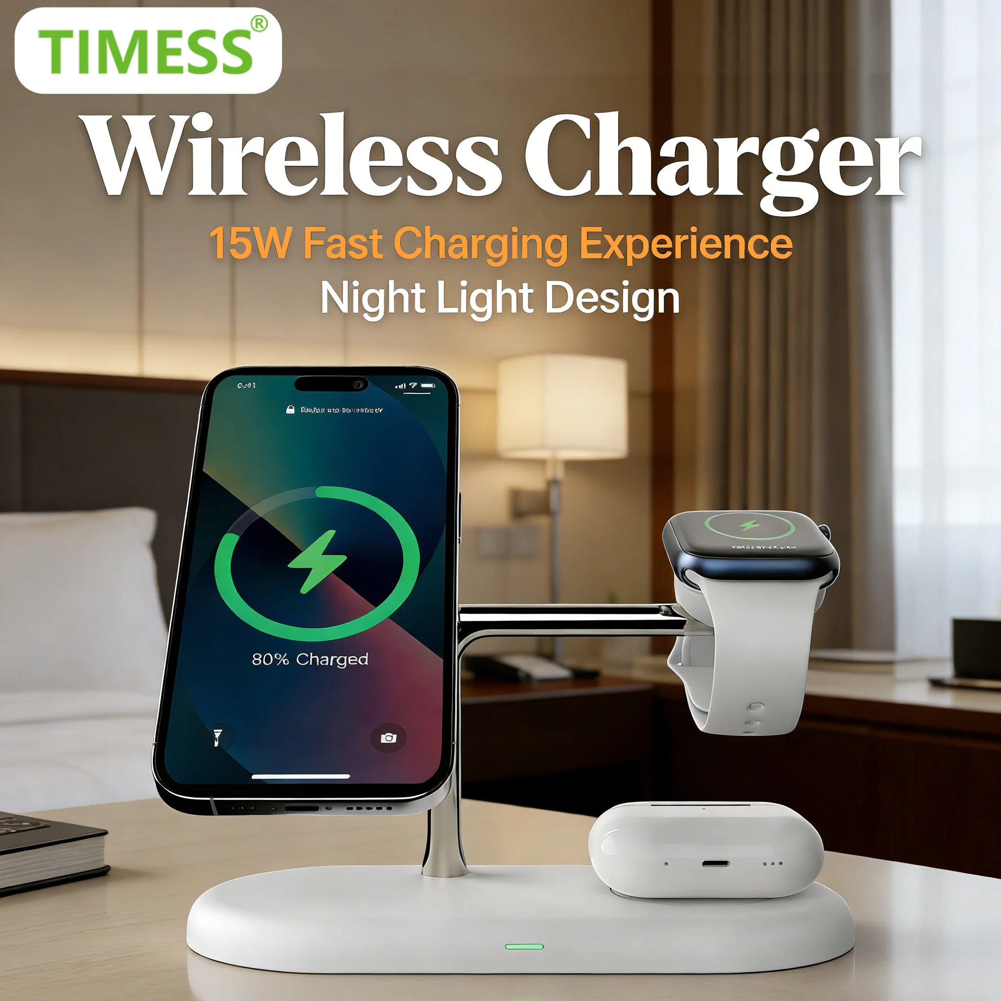 

TIMESS 3 in 1 Wireless Chargers for iPhone 17 16 15 14 for AirPods 2 3 Pro Apple Watch Charging Station Stand For Galaxy Watch