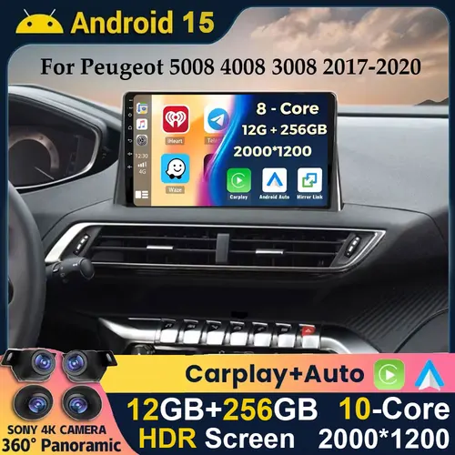 Imagen 1 del producto Cámara Android 15 Carplay Auto 360 para Peugeot 5008 4008 3008 2017 2018 2019 2020 Radio de coche reproductor Multimedia navegación GPS DSP