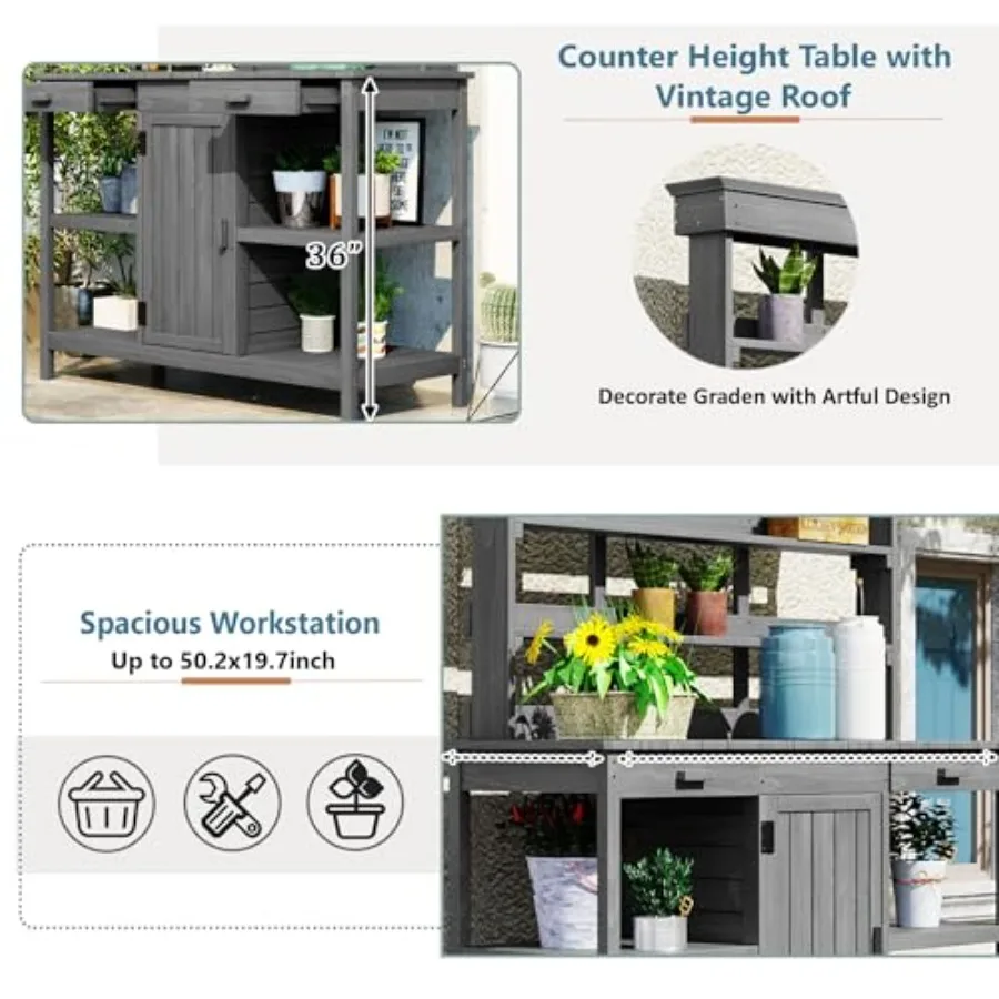 Outdoor Wooden Potting Bench Table Farmhouse Garden Workstation with Drawers, Cabinet and Storage Shelves, Large Fir Wood Work