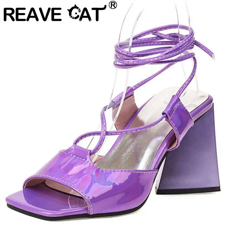 REAVE CAT Women's Sandals Peep Toe Stange Heels Ankle Strap Lace-up Party Size 34-43 Blue Concise Summer S3695