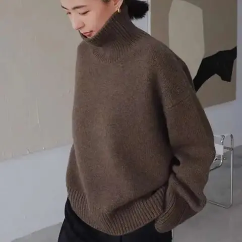 เสื้อสเวตเตอร์ผู้หญิง ฤดูใบไม้ร่วง ฤดูหนาว แบบใหม่ คอเต่า ถักนิตติ้ง ทรงหลวม เสื้อผ้าผู้หญิง อุ่น สีพื้น เรียบง่าย เสื้อแขนยาวผู้หญิง ปี 2025