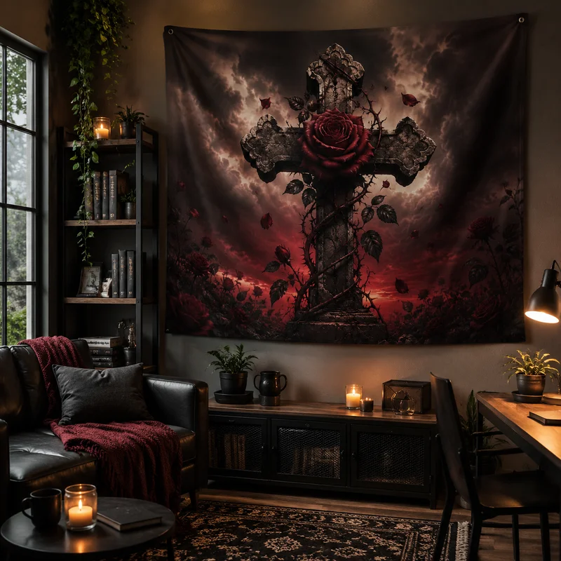 VIKAMA Dark Fantasy Moon Tapestry, Gothic-Style Raven Halloween Wall Hanging, Living Room and Bedroom Home Decor Backdrop