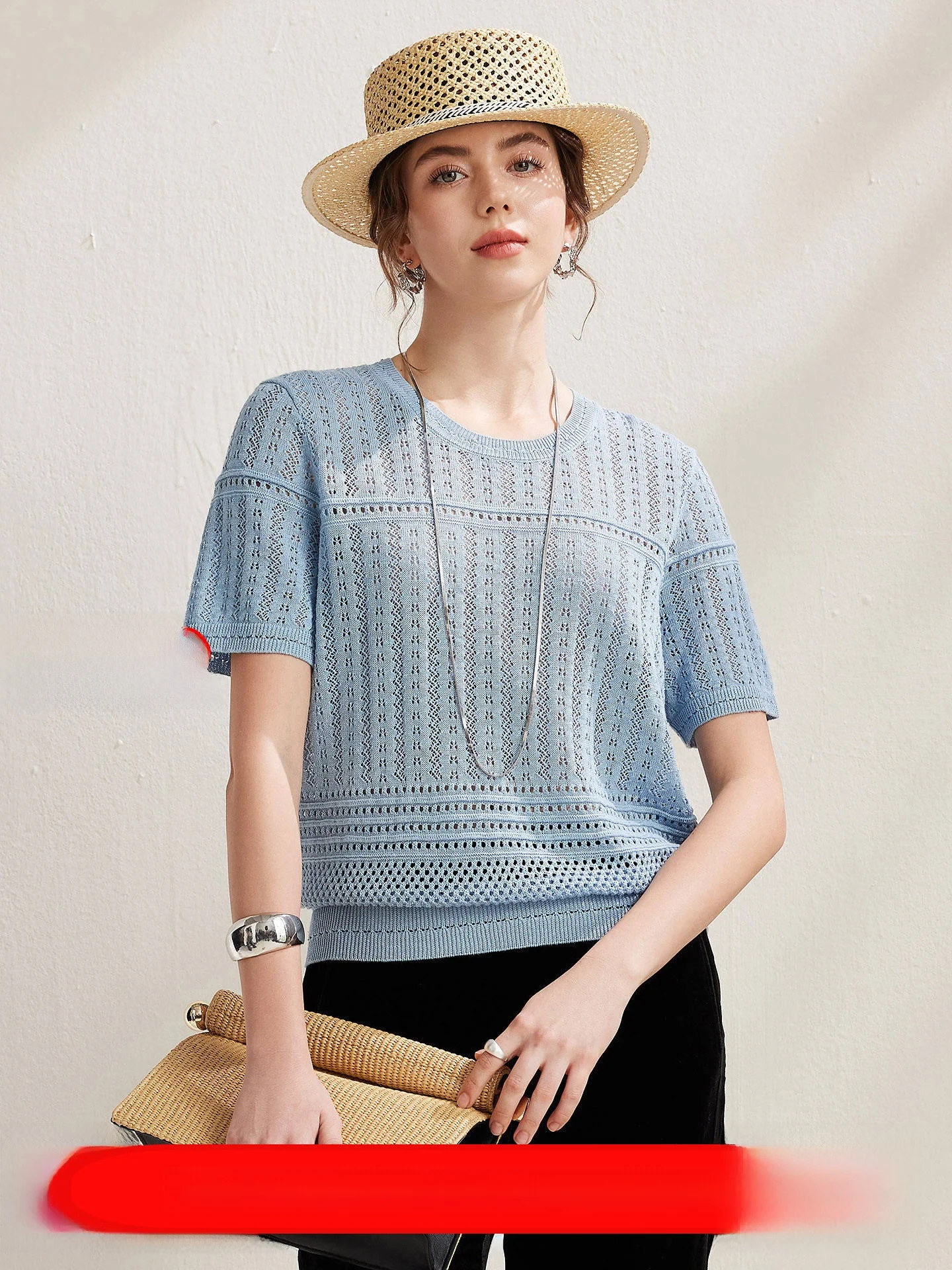 

Mao Jin 2026 Spring Summer New Style Women's Blue Short Sleeve Knitted Hollow out Linen T-Shirt Casual Simple Top Fashion