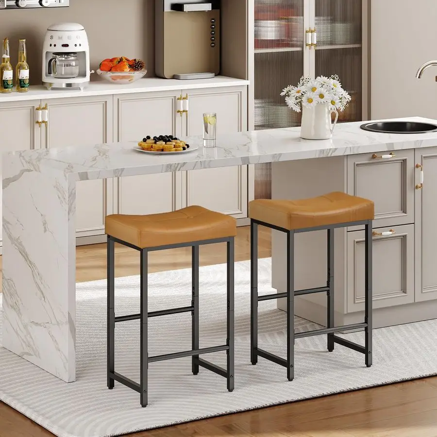Bar Stools,25.4 Saddle Stools with PU Upholstery, Counter Height Stools with Footrest, Kitchen Breakfast Chairs, for Dining Room