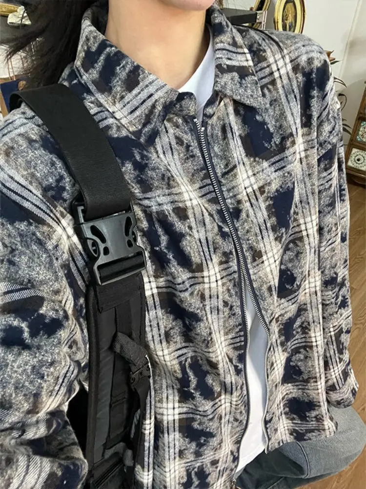 

Men's Plaid irt Long Sve American Retro Tie Dye Spring Autumn Sle Youth High Quali Couple's irt Casual Loose Fit