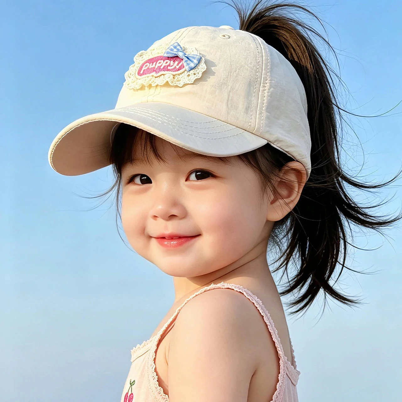Sweet Lace-Trim Half-Brim Sun Hat Kids Girls Empty Top Baseball Cap Summer UV-Protective Duck Tongue Hats
