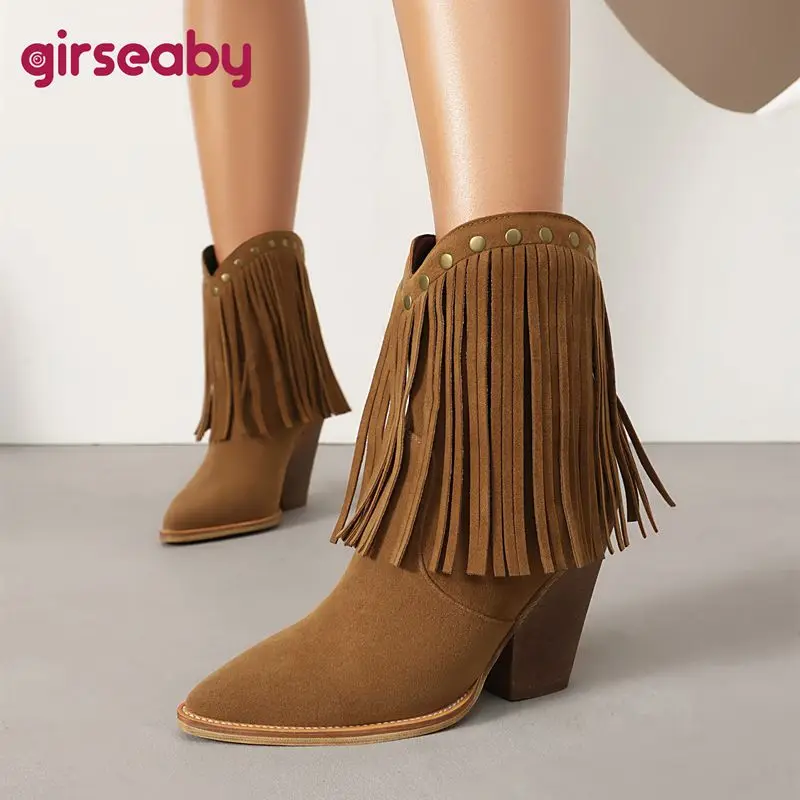 

Girseaby 2025 Casual Daily Women's Boots Pointed Toe Block Heels 9.5cm Rivets Flock Suede Plus Size 41-42 Fashion Booties Brown