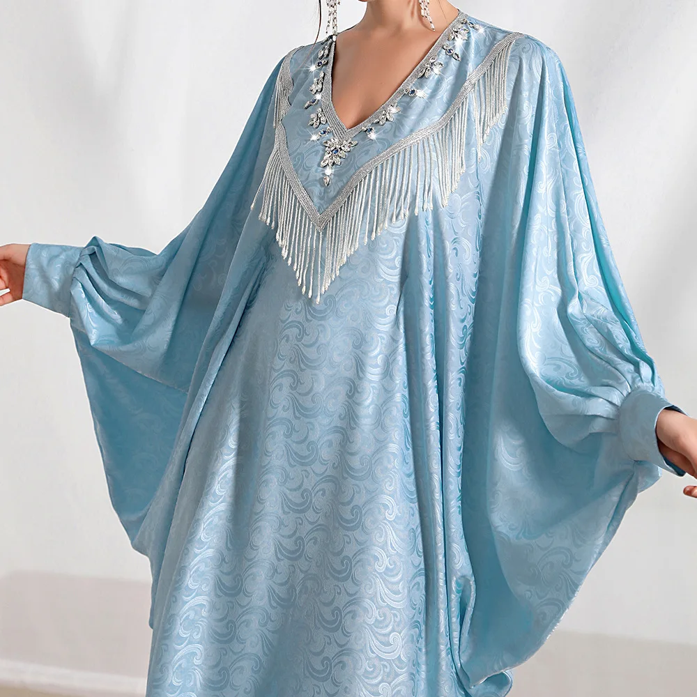 Light Blue Handmade Tassel Shirt Robe With Sleeves Women Long Dress Robe