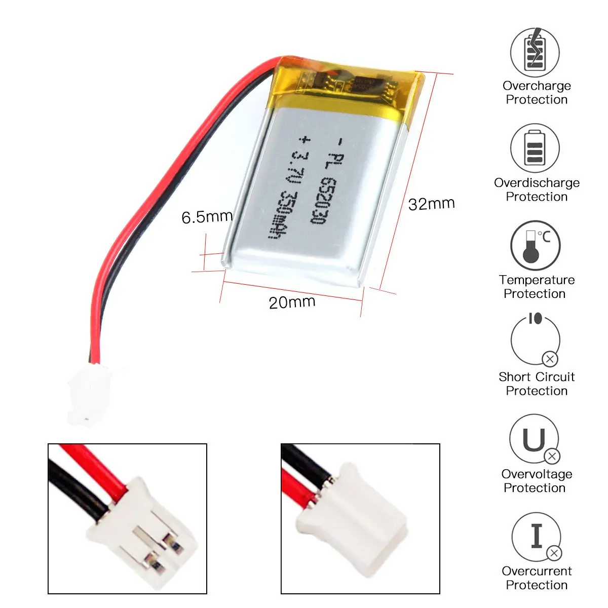 Batterie Lipo aste, 3.7V, 350mAh, 652030, longueur 32mm