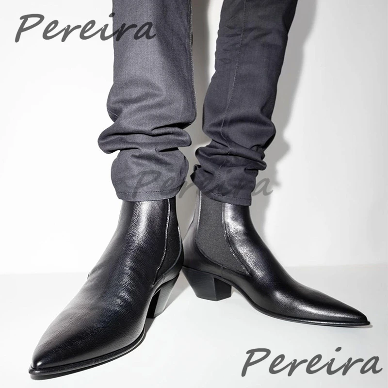 

Luxury Black Genuine Leather Chelsea Boots for Men Pointed Toe 6CM High Heel Short Boots Party Banquet Business Dress Shoes