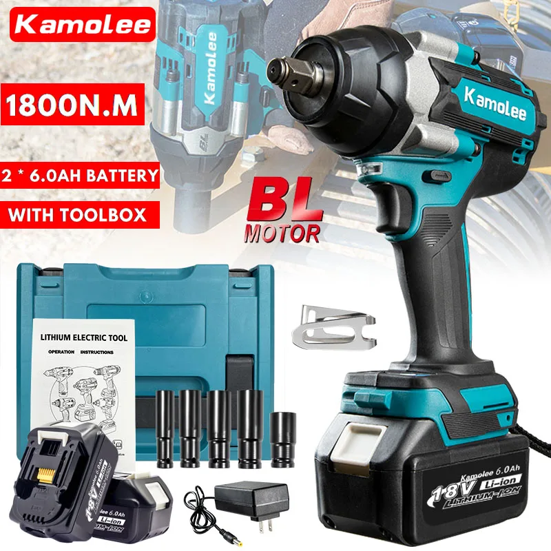 

Kamolee 1800 N.M Torque DTW700 Brushless Electric Impact Wrench 1/2 In Lithium-Ion Battery For Makita 18V Battery