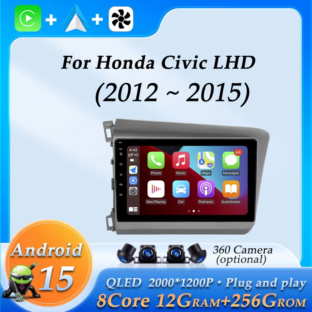 Car Radio Audio Multimedia Video Player for Honda Civic LHD 2012 - 2015 Wireless CarPlay Split Screen GPS Navigation Bluetooth