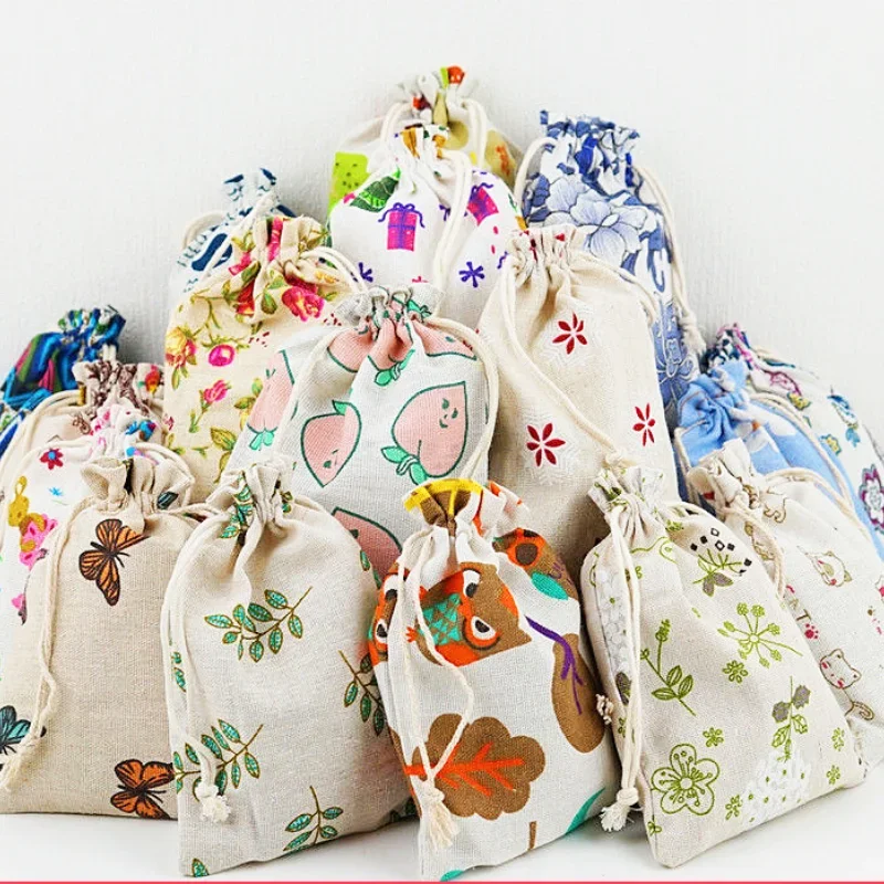 10pc Cute Print Reusable Cotton Line Bag Drawstring Pouches Candy Favor Holder Jewelry Party Gifts Bag 10x14cm/13x18cm 29 Colors