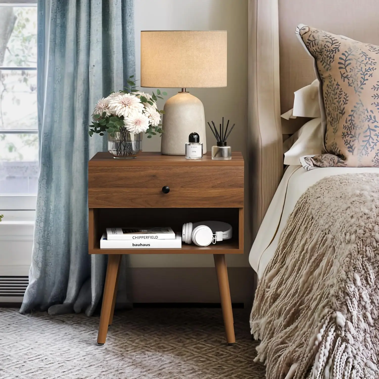

Hidden Compartment Nightstands, Mid Century Modern Concealment Furniture, Bedside Table with Wood Legs, End Table (1,Walnut)