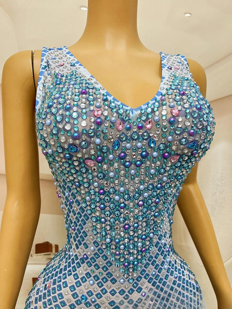 블루 v 넥 반짝 이는 라인 석 공연 드레스 여성 가수 하이 엔드 분위기 연례 회의 이브닝 드레스 Vestido Gala Luxo