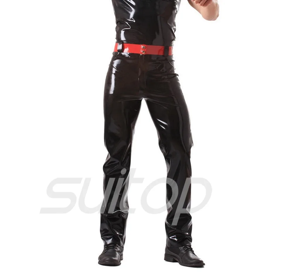 

Suitop 0.4mm latex rubber glued leggings with front zip pants trousers with belt jeans