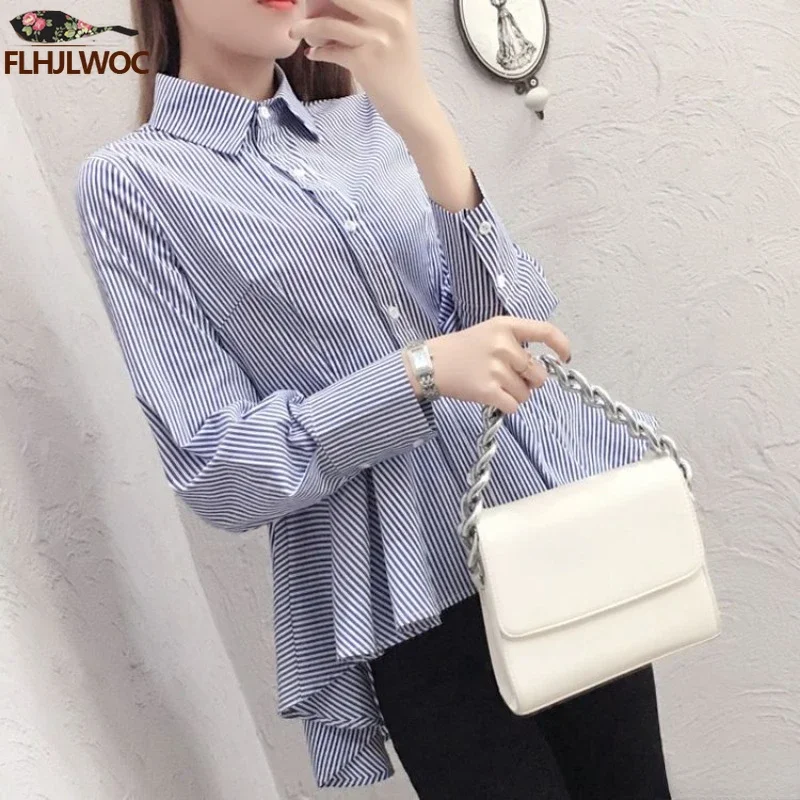 Cute Outfits New Design Chic Korea Fashion Women Long Sleeve Striped Shirts Vest Office Lady Peplum Ruffles Tops