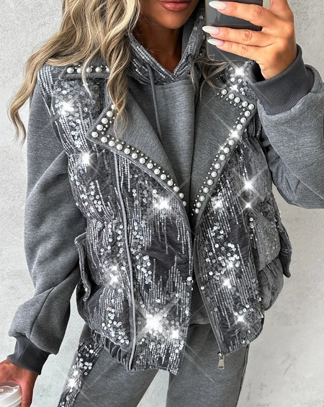 Jacket for Women 2024 Autumn New Winter Clothes Women Contrast Sequin Pearls Decor Vest Puffer Coat Trendy Street Vest Jacket