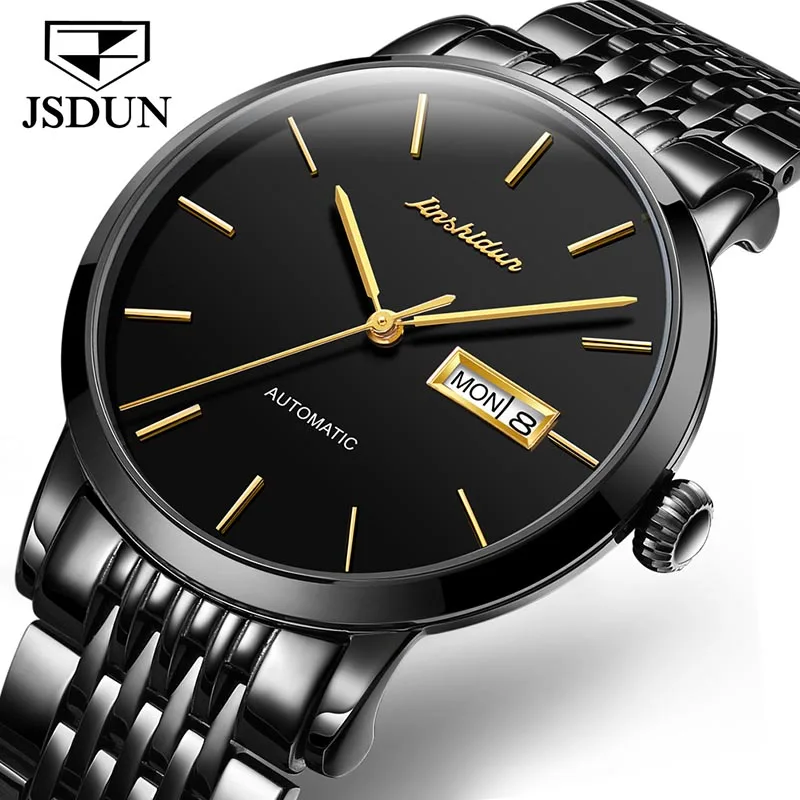 

JSDUN Black All Steel Mechanical Watch Men 2023 New Fashion Business Watches Luminous Weekly Calendar Display Relogio Masculino