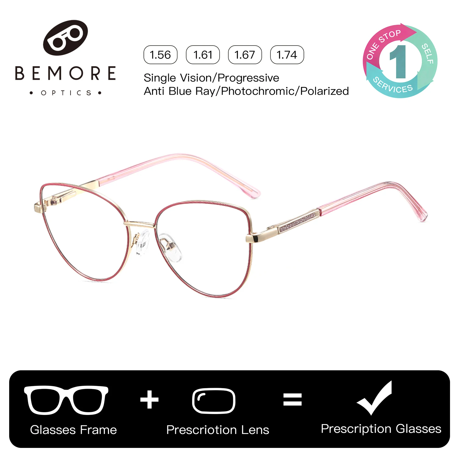 BEMORE Square Prescription Glasses Girls Metal Photochromic Anti Blue Light Optical Multifocal Eyeglasses