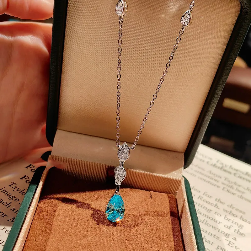 

Сверкающий синий топаз, аквамарин, драгоценные камни, бриллианты, подвеска в виде капли воды, ожерелья для женщин, стерлинговое серебро 925, шикарный подарок на день рождения