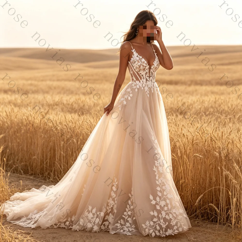 Customized Bohemian Flowy Long Train Elopement Bridal Gowns Spaghetti Strap Deep V Tulle A Line 3D Leaf Lace Wedding Dresses
