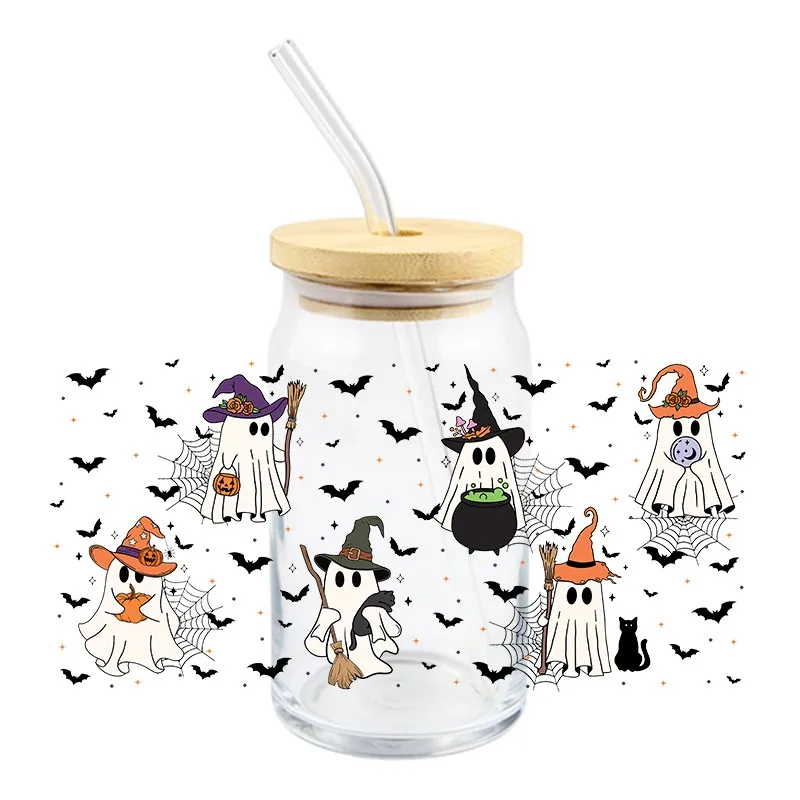 Magic Ghost 3D UV DTF Halloween Series Spooky Transfer Sticker 16oz Waterproof High Qaulity Glass Mug Cup DIY Decals