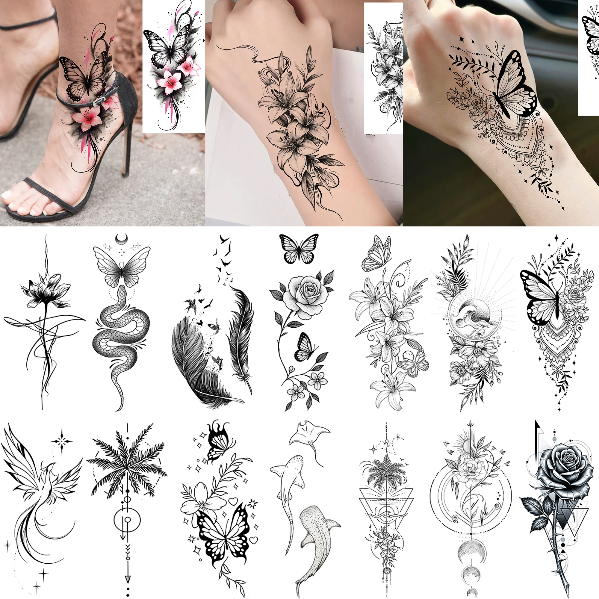 

1 Sheet Butterfly Flower Phoenix Temporary Tattoo For Women Men Hand Ankle, Waterproof Long Lasting Realistic Fake Tatoo Sticker